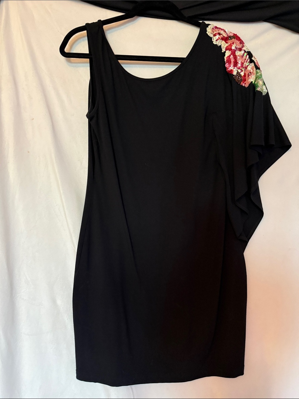 Cache Black One-Shoulder Dress with Pink & Green Floral Beading - Picture 4 of 5